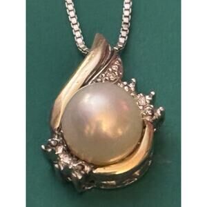 925 Sterling Silver & 10K Gold Pearl Pendant Necklace w/ Diamond Accents – 18”